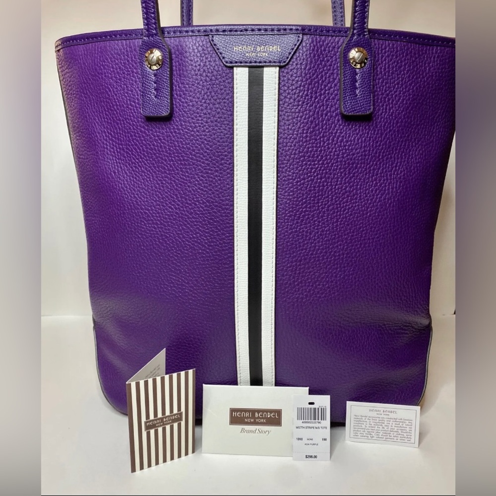Henri Bendel Tote Large Leather West 57th Stripe North South Handbag Acai Purple